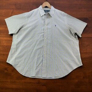 Ralph Lauren Mens XXL Classic Fit Short Sleeve Tattersall Shirt Yellow Blue